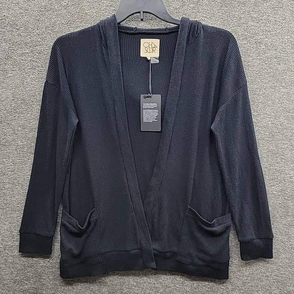 Chaser Hooded Black Open Cardigan Front Pockets Women's Medium NWT - Picture 1 of 10